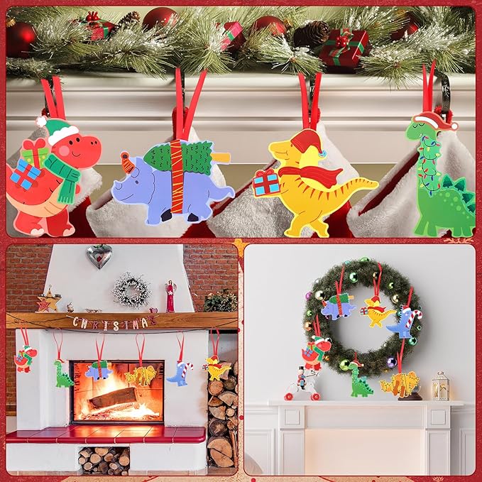 Yexiya 24 Sets Christmas Craft Kits Dinosaur Ornament Craft DIY Dino Hanging Ornaments with Sticker and Ribbon Christmas Tree Santa Hats Candy Canes Hanging Decor for Xmas Party Decoration