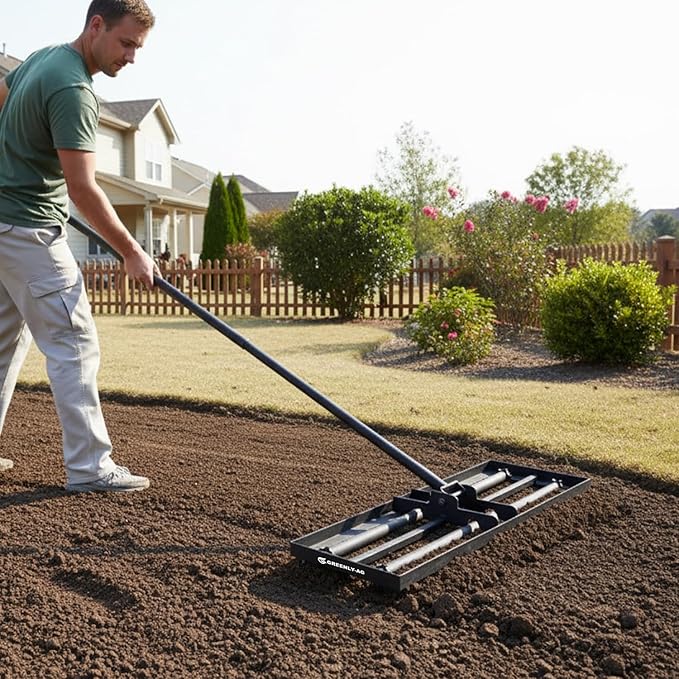 30" Heavy Duty Lawn Leveling Rake, 6.5FT Soil Leveler Tool, with 4 Spiked Wheels & Smooth Roller, Landscaping and Restoration Soil Sand Dirt Surfaces, for Garden Yard Farm Golf Course