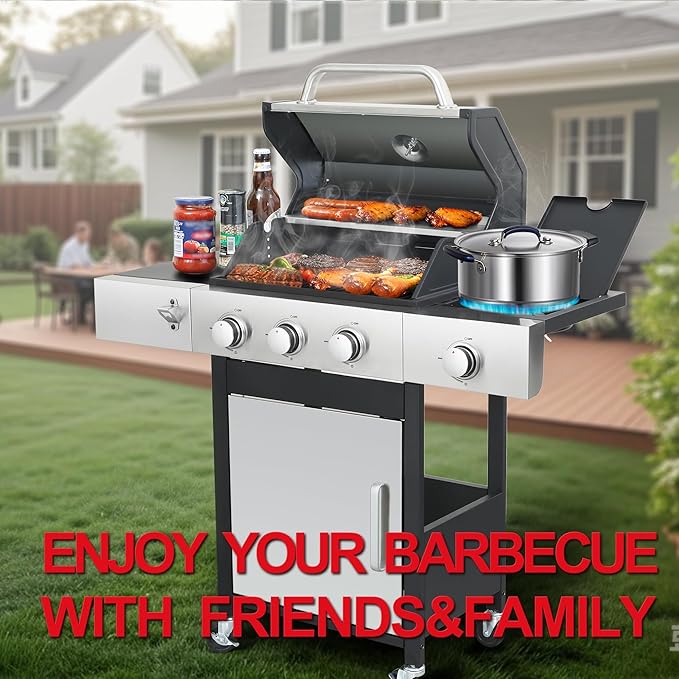 3-Burner Propane Gas BBQ Grill with Side Burner - 37330 BTU Output Stainless Steel Grill with Enameled Cast Iron Cooking Grid Side Table for Outdoor Backyard Patio Barbecue