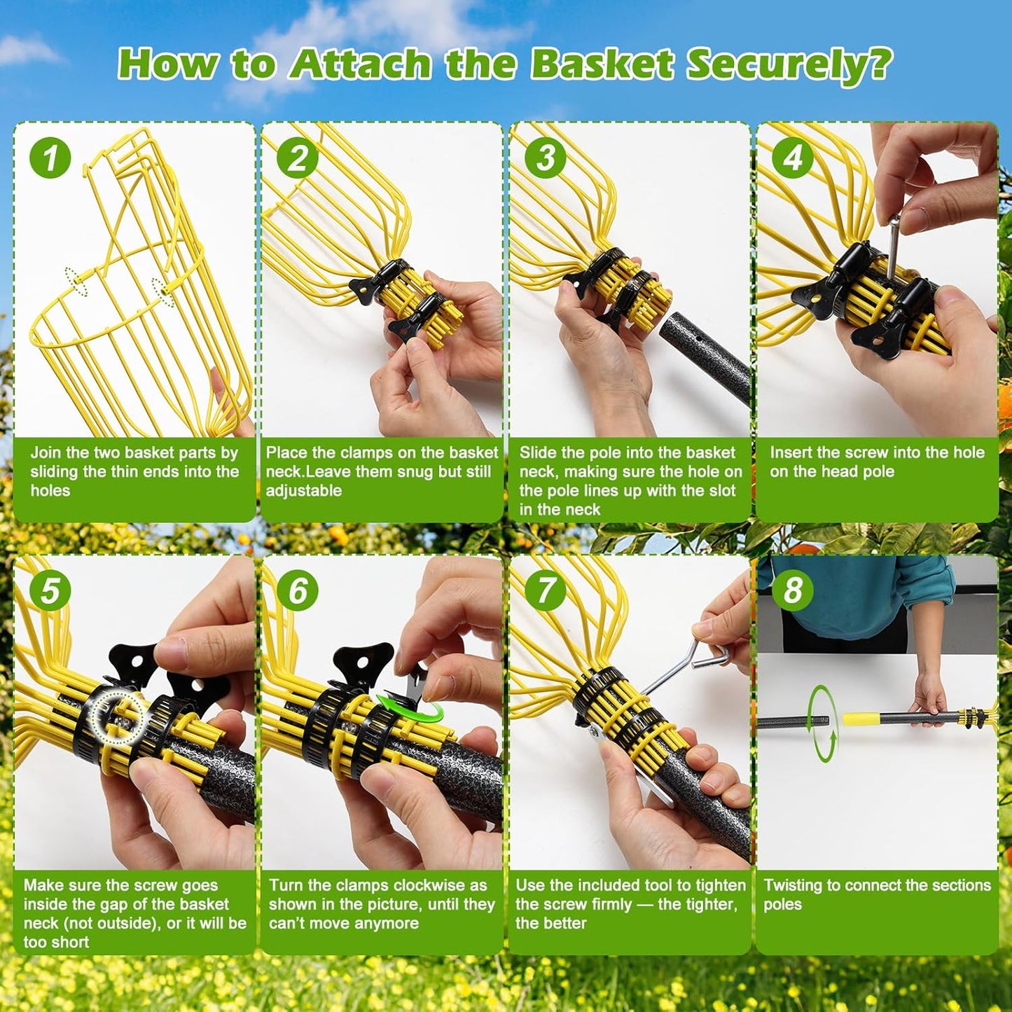 Fruit Picker, 66 Inch Long Heavy Duty Fruit Picker Tool with Fruit Basket, Adjustable Splicing Extension Fruit Picker Pole Fruit Picking Grabber