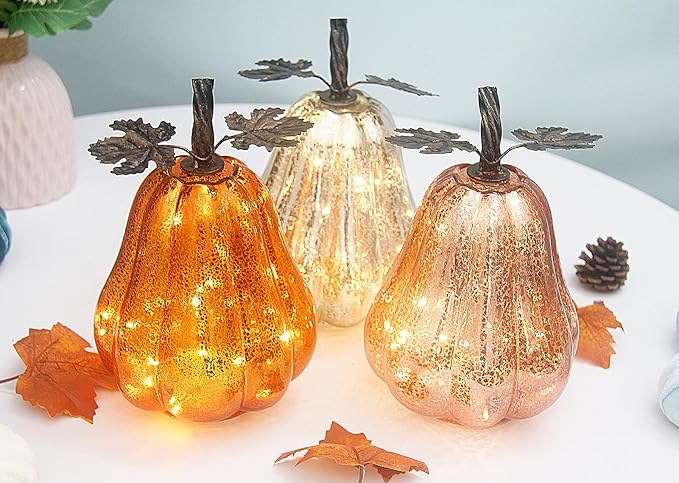 Mercury Glass Pumpkin Lights with Timer, Battery Operated Led Pumpkin Lights for Halloween Fall,Thanksgiving Rustic Decor (Gold Leafy, 9")