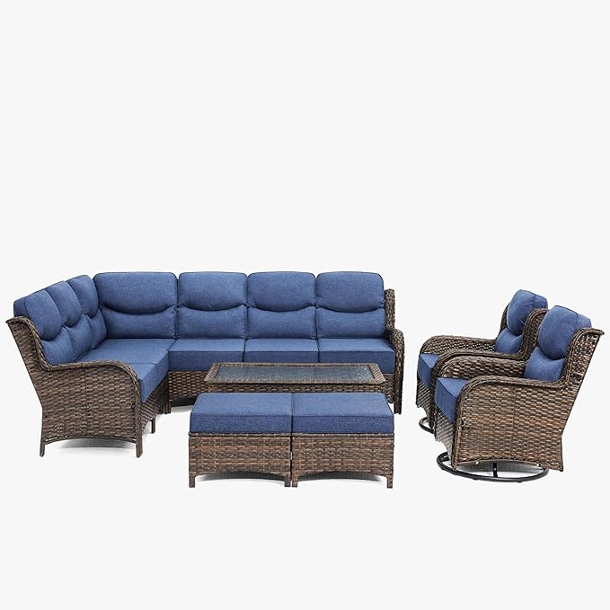 HILLGA Luxury High Back Patio Furniture Set with 6-Inch Thick Cushion, 6-Piece Outdoor Conversation Set with Corner Sofa, Swivel Rocker Chairs & Ottomans, Ideal for Porch Pool Deck Yard (Blue)