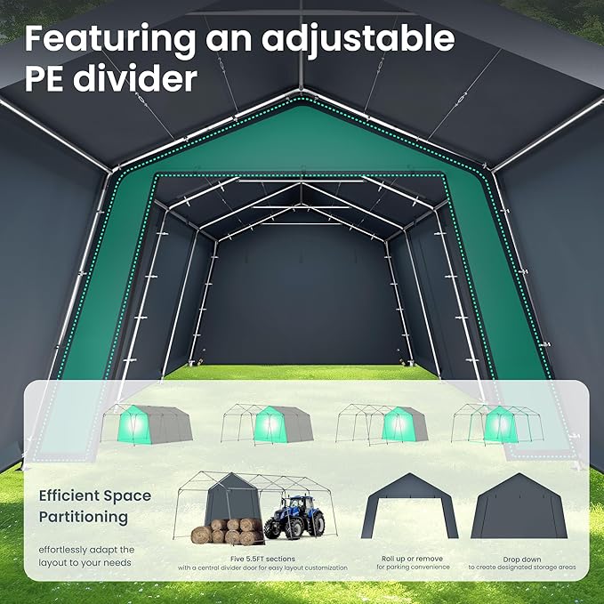 PHI VILLA 13'X22'X9.6' Outdoor Portable Storage Shelter Shed Garage with Roll up Zipper Doors & Vents Carport for Motorcycle Waterproof and UV Resistant Anti-Snow Portable Garage Kit Tent, Gray