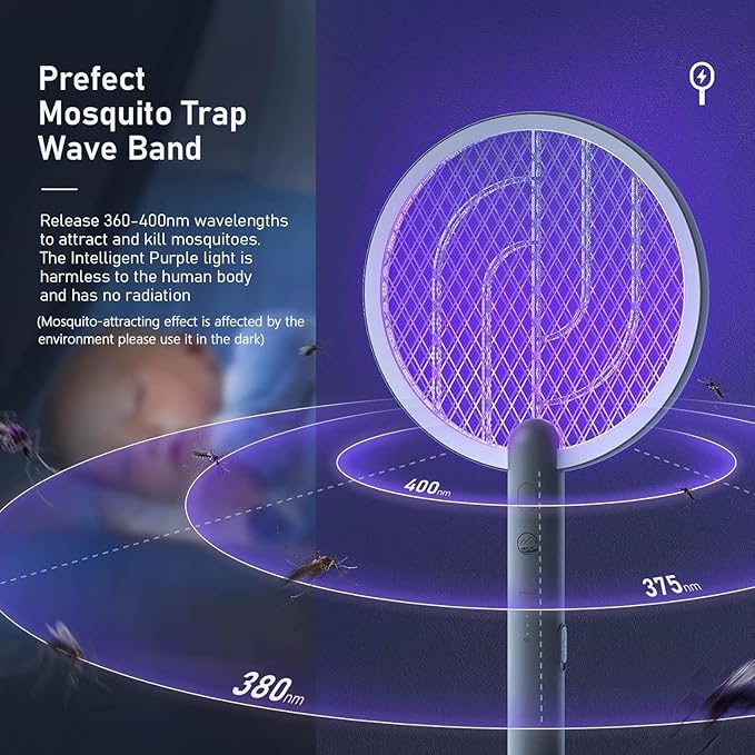 Electric Fly Swatter Racket, Mosiller 2 in 1 Smart Bug Zapper with USB Rechargeable Base, Powerful Mosquitoes Trap Lamp & Fly Killer with 3-Layer Safety Mesh for Home, Bedroom, Kitchen, PatioοΌ1 PackοΌ