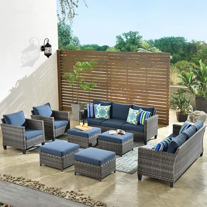 ovios Patio Furniture Set, 8 Pieces Outdoor Wicker Sofa Couch with Chairs, Ottomans and Comfy Cushions, All Weather High Back Rattan Conversation Set, Denim Blue