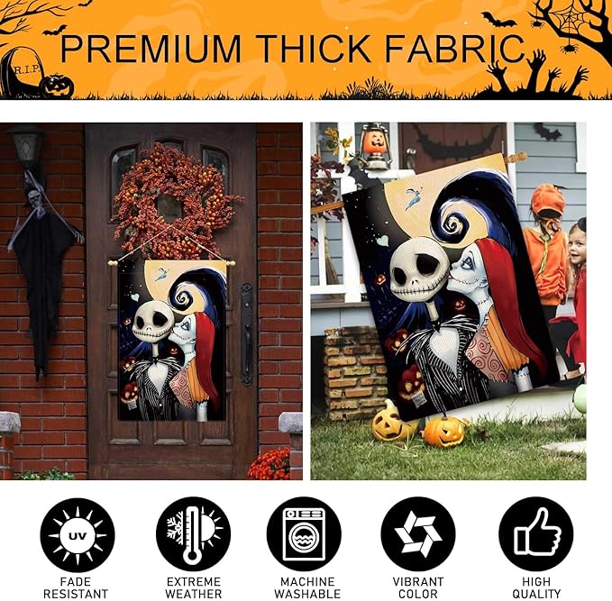 Halloween Ghost Garden Flag The Nightmare Garden Flag Sally Kisses Jack Vertical Double Sided Rustic Farmland Burlap Yard Lawn Outdoor Decor 28x40"