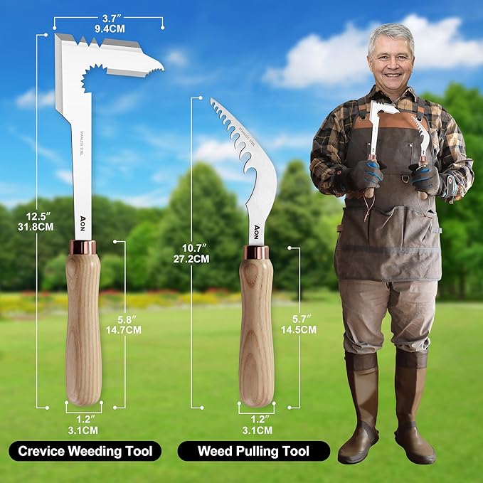 AON 2-Pack Hand Crack Weeder Puller Tool Set - Made with Heat Treated Steel and Ash Wood Ergonomic Handles, Weeding Tools Ideal for Gardens and Patio Lawns to Effectively Pull Out Weeds & Their Roots