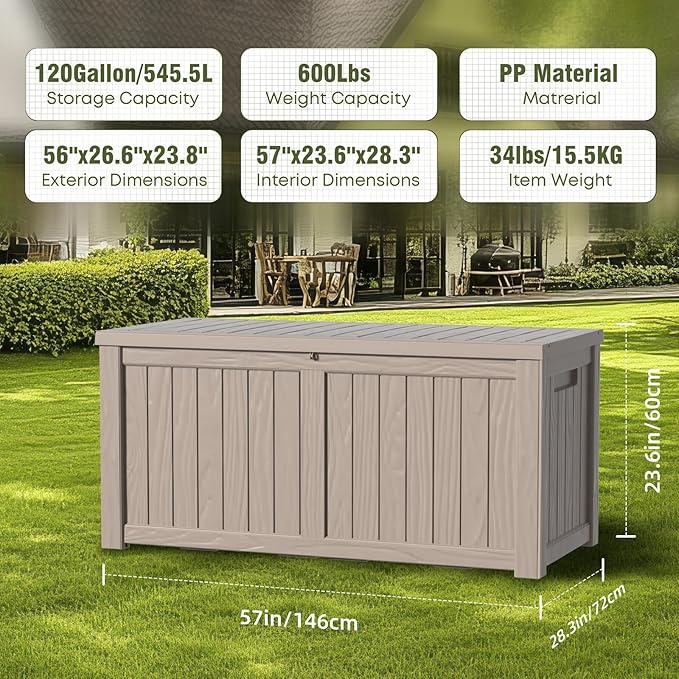 120 Gallon Deck Box,Resin Outdoor Storage Box with Lockable for Patio Furniture, Pool Toys, Garden Tools Waterproof Outside Storage Box (Grey)