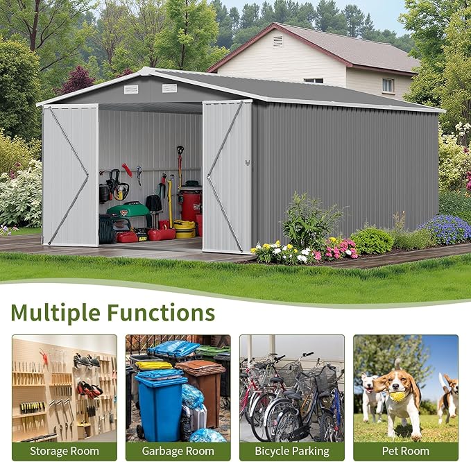 10×14 FT Outdoor Storage Shed, Dark Grey Workshop Shed with 3 Lockable Doors & 4 Vents for Backyard, Patio, Lawn, Garden Tool & Lawn Mower Storage - Ideal for Homeowners, Gardeners & DIYers