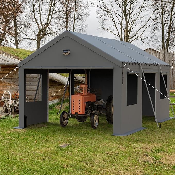 12x20 Carport, Heavy Duty Carport Canopy Garage with Removable Sidewalls and Drive Through Roll Up Zipper Doors & Side Doors, Grey