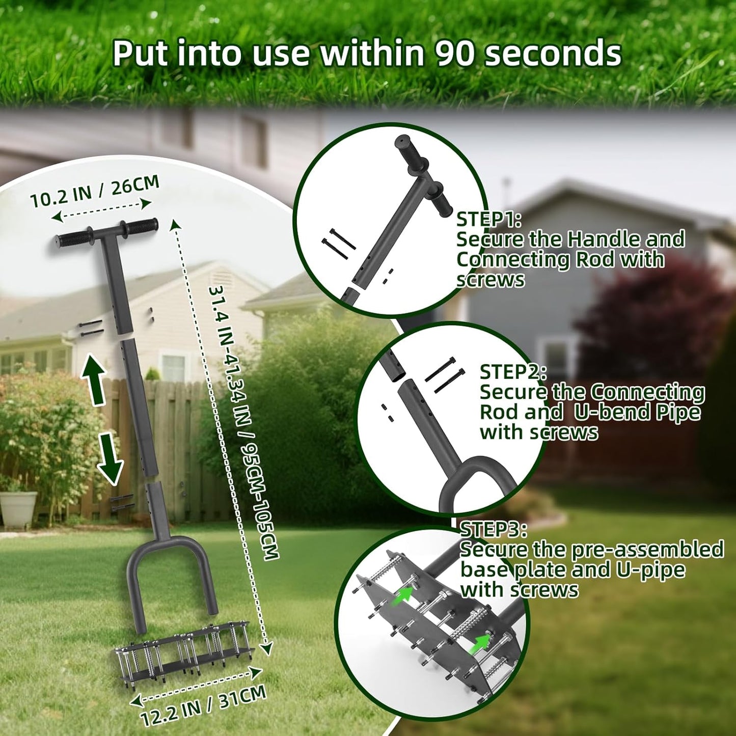 No-Weld Lawn Aerator - Kick to Unclog Jammed Springs! Bolt-On Base is Replaceable, 31"x15" Wide Plate & 11 Deep Tines for Clay Soil, Adjustable T-Handle (Pre-Assembled)