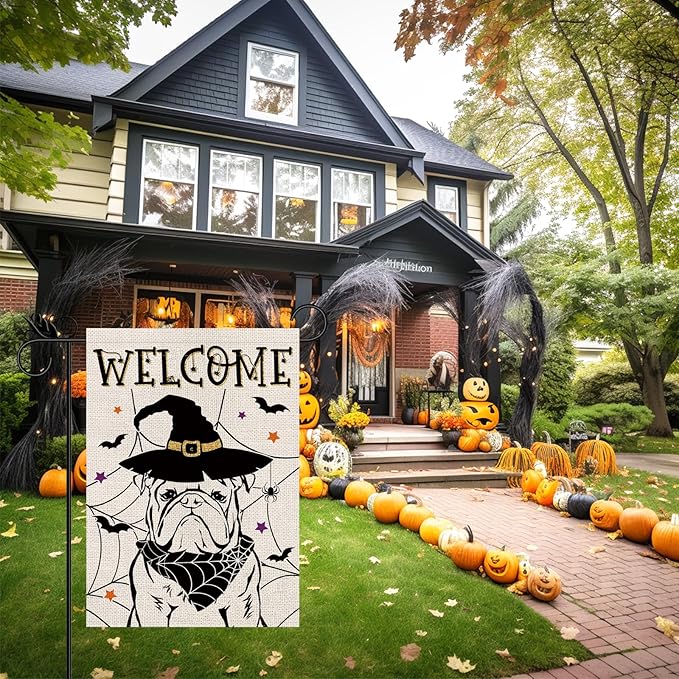 Halloween Garden Flag English Bulldog Cobweb Bats Double Sided Vertical Welcome Flag Holiday Outdoor Yard Lawn Decorations 12.5 x 18 Inch
