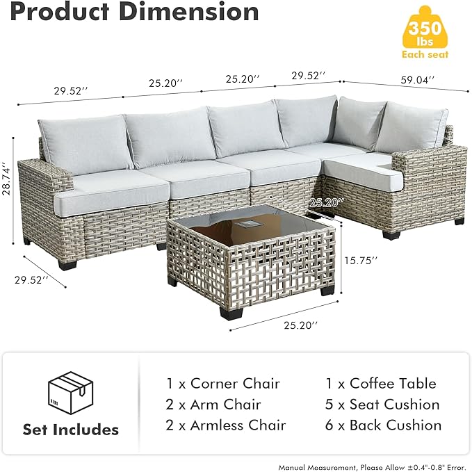 HOOOWOOO Outdoor Sectional Patio Furniture Set,6 Pieces Wicker Conversation Sets L Shaped Couch,Extra Deep Out Door Sofa Outside Furniture,Light Grey