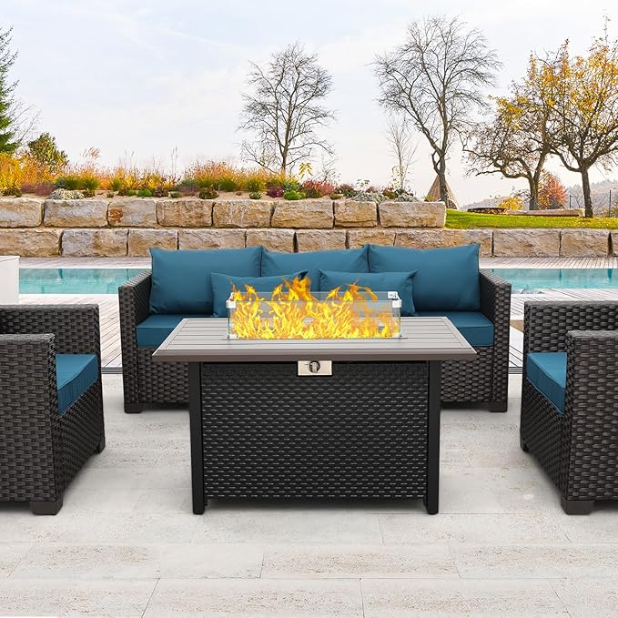 45 Inch Fire Table for Outside 60000 BTU Steel Gas Fire Pit Outdoor Fire Pit Table with Grille Tabletop Glass Wind Guard Fire Pit Cover and Blue Crystal Beads