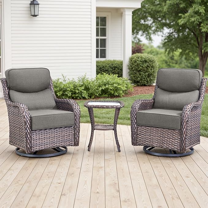 Outdoor Patio Swivel Rocker Chairs Set of 2, Waterproof Wicker, High Back, Deep Seating, Wide Armrest, Upgraded 6 inch Thick Cushions, Side Table, Ideal for Deck Porch Yard, Brown-Grey