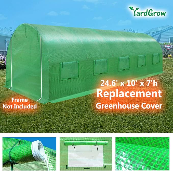 YardGrow Greenhouse Replacement Cover Larger Walk in Outdoor Plant Gardening Greenhouse (Frame Does NOT Included) (Green, 24.6'x10'x7')