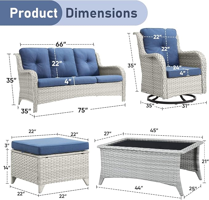 Wicker Outdoor Conversation Set-6 Pieces Outdoor Wicker High Back Couch with Swivel Rocker Chairs Patio Furniture for Deck Poolside Backyard-Light Grey/Blue