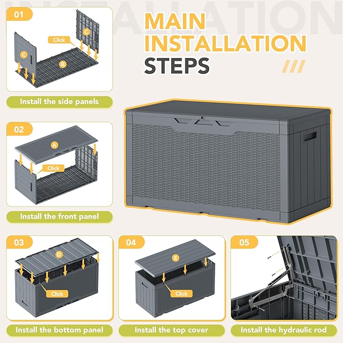 Greesum 100 Gallon Resin Deck Box Lockable Large Outdoor Storage Boxes for Garden Tools, Patio Furniture Cushions, Pool Supplies, Gray