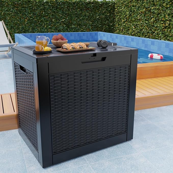 31 Gallon Outdoor Deck Box,Storage Lockable Waterproof Patio Furniture,Garden Tools,Cushions,Pool Accessories Outside Storage Resin Box(Black)