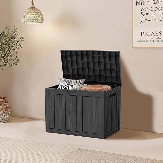 45 Gallon Waterproof Large Resin Deck Box Indoor/Outdoor Lockable Storage Container and Seating for Garden, Pool, and Patio (45 Gallon, Black)