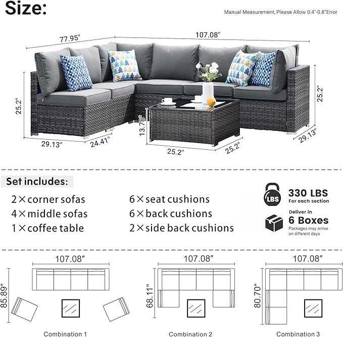HOOOWOOO 7 Piece Patio Sectional Furniture Set,Modern Wicker Outdoor Conversation Sofa Sets,Weather Resistant Modular L Shaped Outside Couch Table Set(Charcoal Gray)