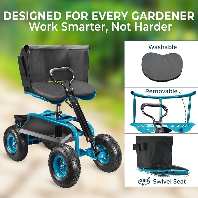 Garden Seat with Wheels – Adjustable 360° Swivel Gardening Stool with Hydraulic Height Adjustment, Ergonomic Backrest, and Tool Storage – Rolling Stool for Garden, Yard, and Outdoor Use