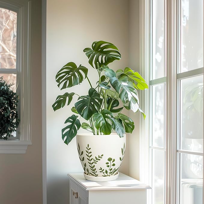 Ceramic Pot for Plants 8.2 Inch - Indoor Plant Pot with Drainage Hole and Saucer, Decorative Boho Round Outdoor Planter, Gardening Gifts for Women Men, Room Patio Office Home Decor, White