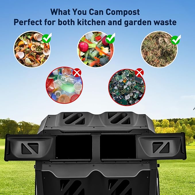 Yesker Dual Chamber Compost Bin Outdoor, 43 Gallon Rotating Tumbling Composter with Sliding Doors, Fast Assembly for Garden, Backyard & Kitchen Waste
