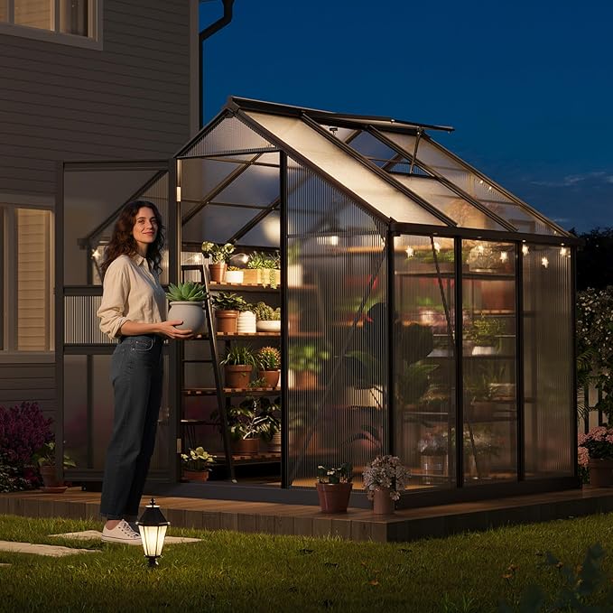 Greenhouse, 6×6FT Greenhouses for Outside, Polycarbonate Greenhouse with Aluminum Frame, Lockable Door and Ajustable Roof Vent for Backyard, Green Houses for Outside Garden Backyard, Patio
