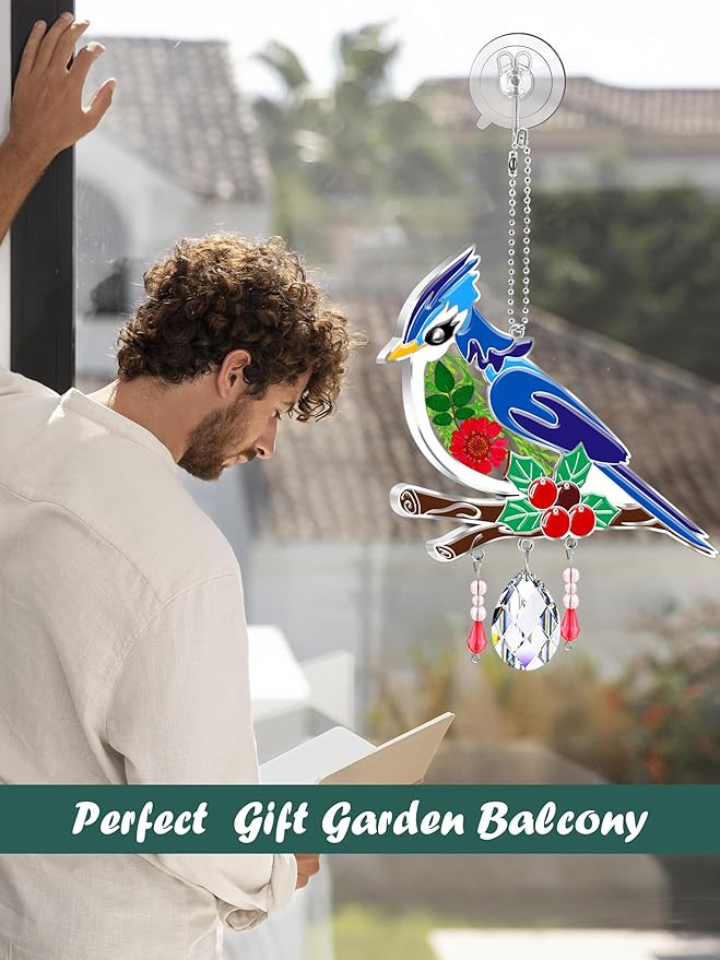 KY&BOSAM Crystal Blue Bird Suncatcher Handmade Bird Sun Catcher for Windows with Real Dried and Pressed Flowers Heart Charm Engraved with Crystal Gifts for Mom Mother`s Day Birthday