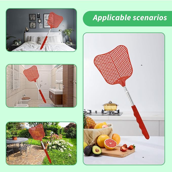 MYSTICHOME Fly Swatter 1 PCS, Durable Heavy Duty Plastic Fly Swatters, Stainless Steel Telescopic FlySwatter for Indoors/Outdoor/Kitchen/Garden (Red)