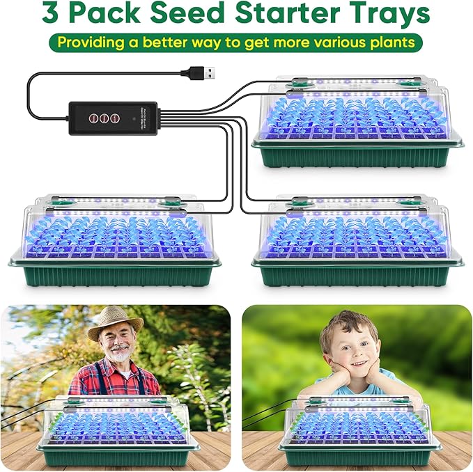 BlumWay Seed Starter Tray with Grow Light,3 Pack 120 Cells Seedling Tray with Humidity Dome/Indoor Grow Kit for Deep-Rooted Seedlings,Adjustable/Timed Light Plant Starter Set