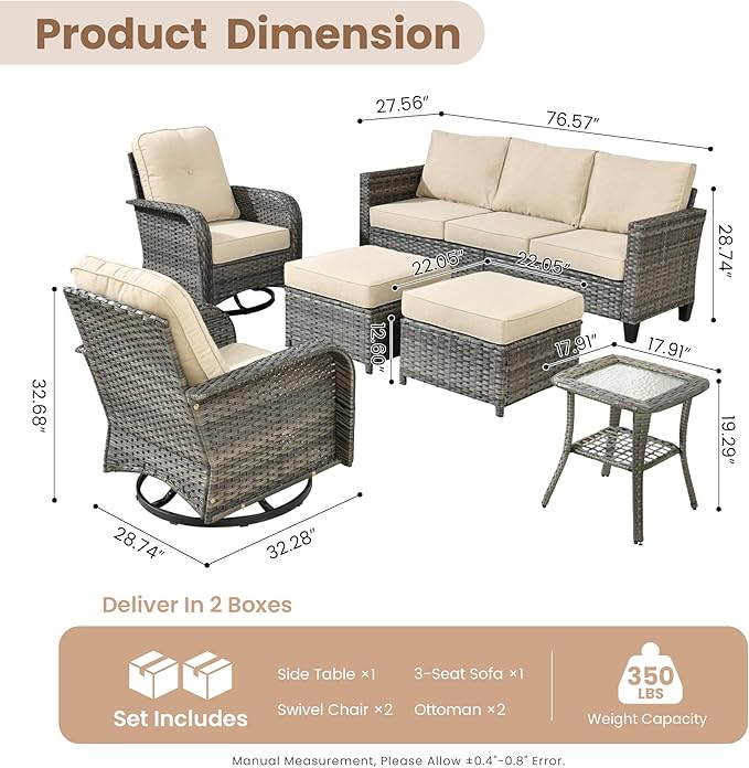 HOOOWOOO Outdoor Patio Furniture Set,6 Pieces Wicker Conversation Set,All Weather Couch Set with Swivel Chairs Ottoman Side Table 7 Seaters for Out Door Yard(Beige)