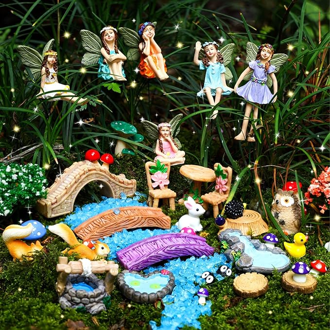 100 Pcs Fairy Garden Accessories Miniatures Figures Kit Micro Landscape Terrarium Ornaments Resin Mushroom Animal Fake Pond Lawn Bridge Garden Dollhouse Decoration