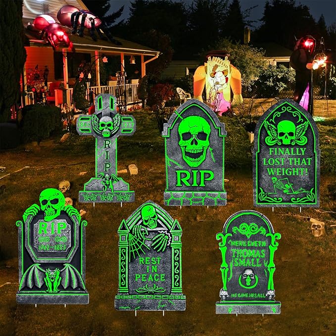 17” Outdoor Halloween Decorations Tombstones Yard Sign, 6 Pack Glow in The Dark Graveyard Decor, Light Up Halloween Tombstones for Yard, Cemetery, Party, Gift, Waterproof and Durable