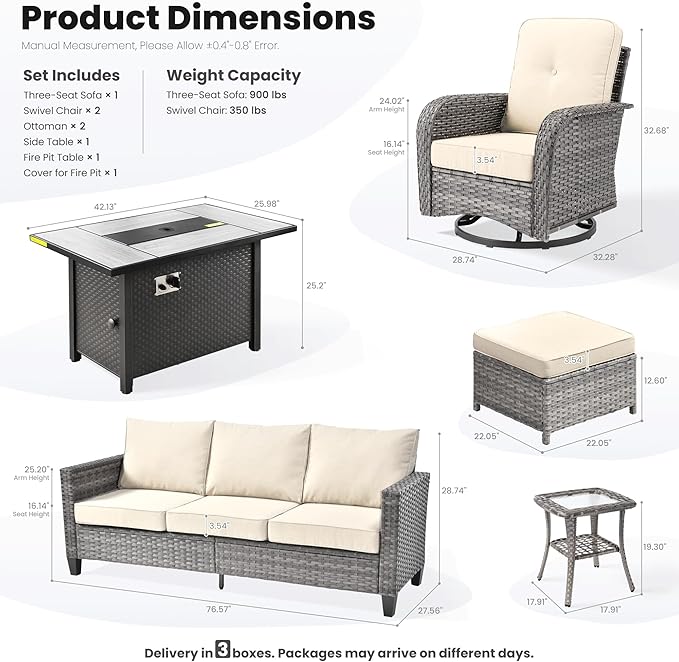 ovios 7 Pieces Patio Furniture Set, Outdoor Wicker Sofa Couch with Rocking Swivel Chairs Fire Pit Table, Modern Deep Seat Rattan Conversation Sets for Porch Deck, Beige