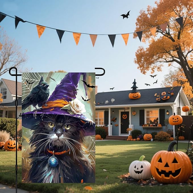 IVN Halloween Garden Flag 12x18 Inch Double Sided Witch Cat Raven Pumpkin Bat Fall Outdoor Flag for Yard Porch House Lawn Decoration Spooky Seasonal Holiday Banner