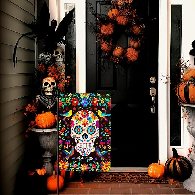 Day of the Dead Garden Flag Skull Welcome Floral Yard Flag Mexican Gothic Skeleton Flowers Birds Double-Sided Garden Flags Fiesta Dia DE Los Muertos Burlap House Banner 12x18 Inch