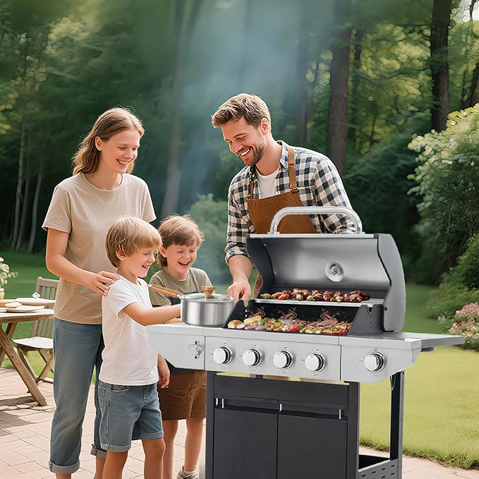 4-Burner Propane Gas BBQ Grill with Side Burner, Porcelain-Enameled Cast Iron Grates and Side Tables, 46,500 BTU Stainless Steel Grill for Outdoor Camping Barbecue Grilling Backyard Cooking