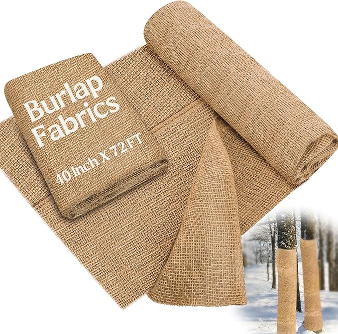 Buryeah 40 Inch x 72 ft Burlap Fabrics Roll Natural Jute Burlap Tree Wraps Protector Winter Frost Plant Blankets Cloth Weed Barrier Fabric Garden Plants for Winter Outdoor Trees Shrubs Party