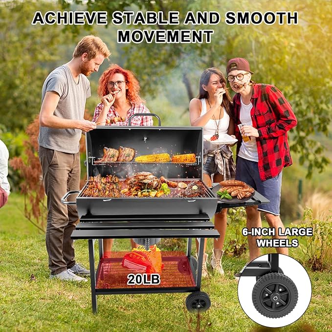 Charcoal Grill with Temperature Gauge - Large Outdoor Barrel Barbecue Grill with Side Table, 565 sq in Cooking Space for 8-12 People, Ideal for Camping and Backyard BBQ
