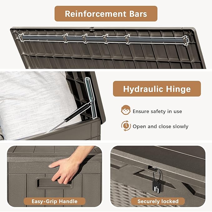 Devoko 97 Gallon Deck Box, Waterproof Resin Outdoor Storage Box for Outside and Patio, Large Outdoor Storage Bench Cabinet Lockable for Patio Furniture, Garden Tools and Pool Supplies (Brown)