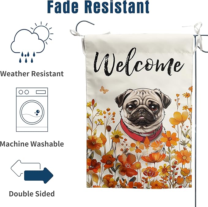 Floral Pug Garden Flag Fall Yard Flag Wildflower Dog Garden Flags Orange Autumn Lawn Flags Welcome Thanksgiving Outdoor Flags for Outside 12x18 Double Sided Small