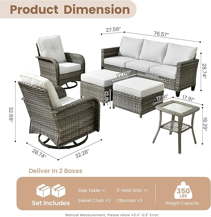 HOOOWOOO Outdoor Patio Furniture Set,6 Pieces Wicker Conversation Set,All Weather Couch Set with Swivel Chairs Ottoman Side Table 7 Seaters for Out Door Yard(Light Gray)