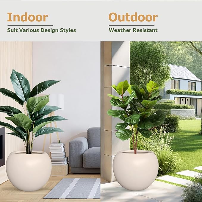 12.8" H x 16" D Globo Fiberstone Round Planter with Drainage Hole, Weather Resistant, Smooth Finish, Planters for Indoor Plants & Outdoor, 2 Extra Coco Mats (Kilim Beige, 10.7" Pot Opening)