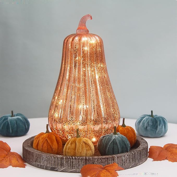 Mercury Glass Pumpkin Lights with Timer, Battery Operated Led Pumpkin Lights for Halloween Fall,Thanksgiving Rustic Decor (Rosegold Common, 11")