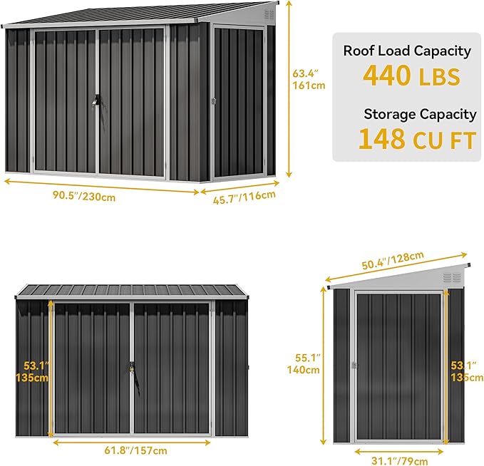 DWVO 8x4 FT Outdoor Weatherproof Storage Shed, Secure Metal Bike Shed w/Lockable Entry, Garden Storage Solution for Lawn Equipment, Tools, Waste Bin, Dark Gray