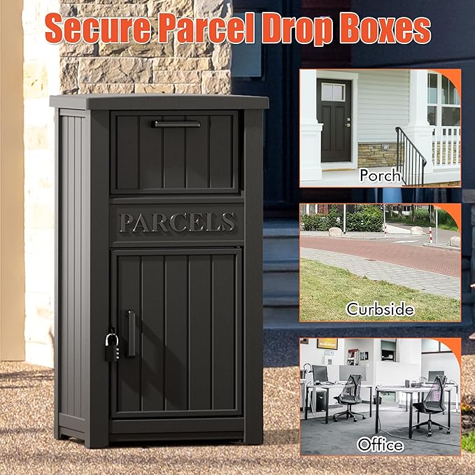 Outdoor Package Delivery Box for Outside -Lockable Anti-Theft Parcel Drop Box Deck Box & Porch Storage Box, Package Drop Box for Outside Deliveries, Curbside Outdoor Storage Box Black