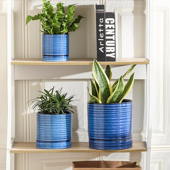 Hasense Ceramic Planter 8 Inch, Round Plant Pot with Drainage Hole and Saucer, Modern Flower Pot for Indoor Outdoor Plants, Home Office Decor, Blue