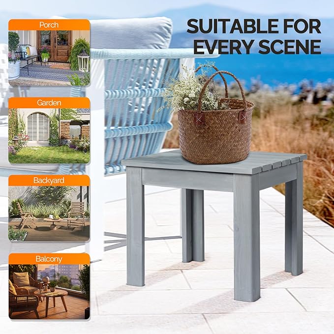 VINGLI Outdoor Adirondack Side Table, 18" Square Thick Wooden Coffee Table, Patio Side Table Conversation End Table for Patio Backyard, Garden, Poolside and Balcony (Grey)